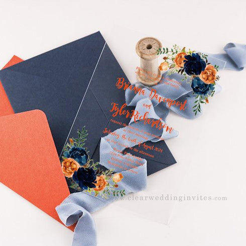 Orange & Navy Blue Peony & Rose Floral Acrylic Wedding Invitation CWIA177